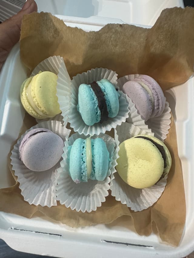 Box of assorted French macarons in mixed flavours